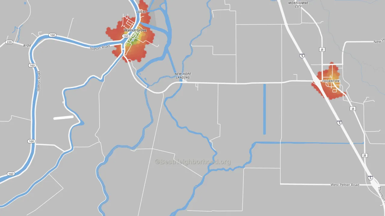 Walk Grade map of Locke, CA, walkable areas in green and car-dependent areas in red