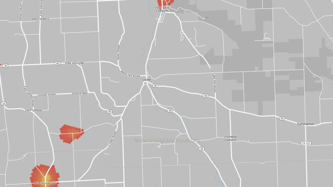 Walk Grade map of Locke, NY, walkable areas in green and car-dependent areas in red