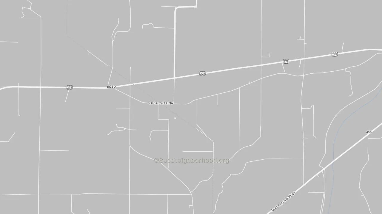 Walk Grade map of Locke Station, MS, walkable areas in green and car-dependent areas in red
