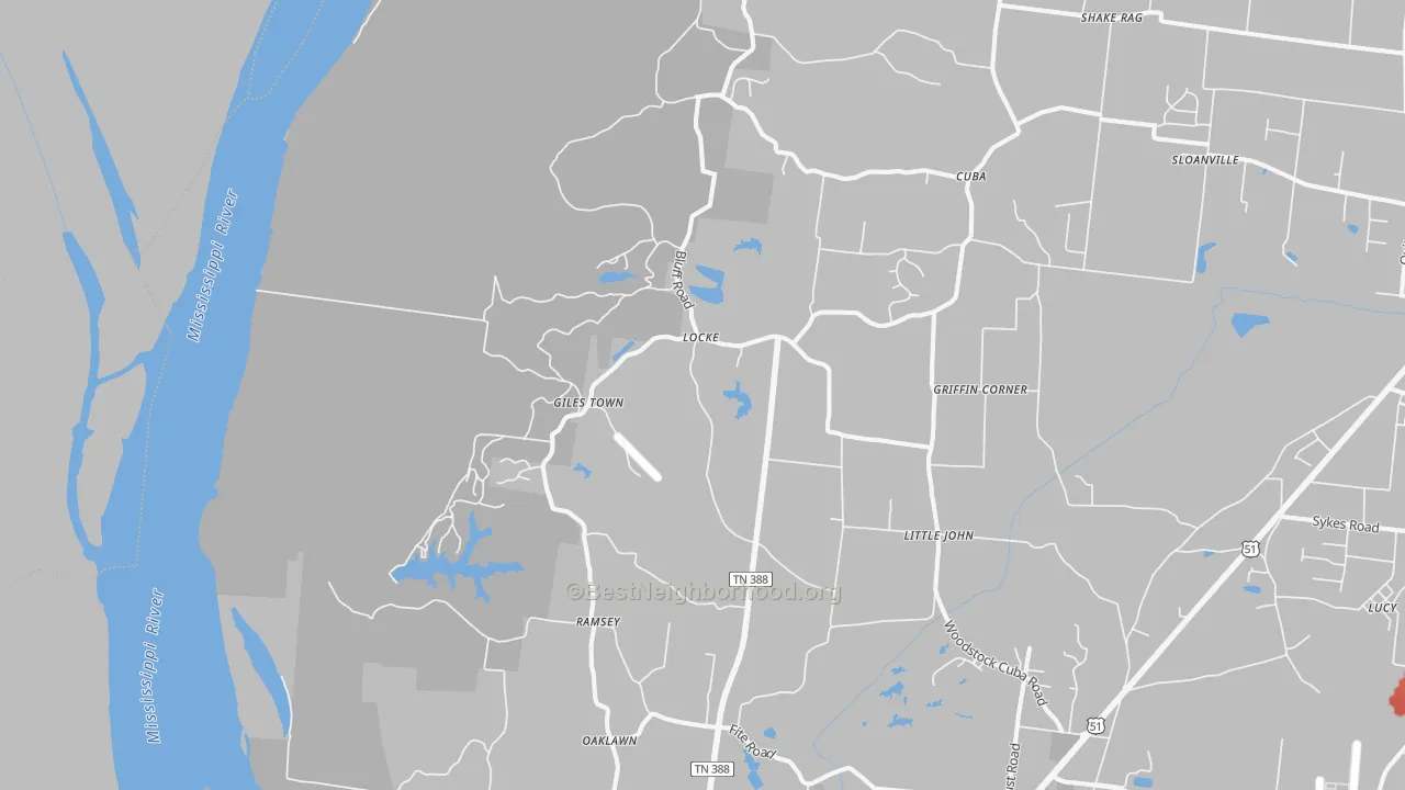 Walk Grade map of Locke, TN, walkable areas in green and car-dependent areas in red