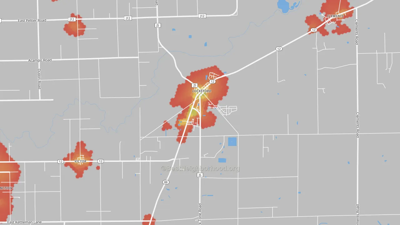 Walk Grade map of Lockeford, CA, walkable areas in green and car-dependent areas in red