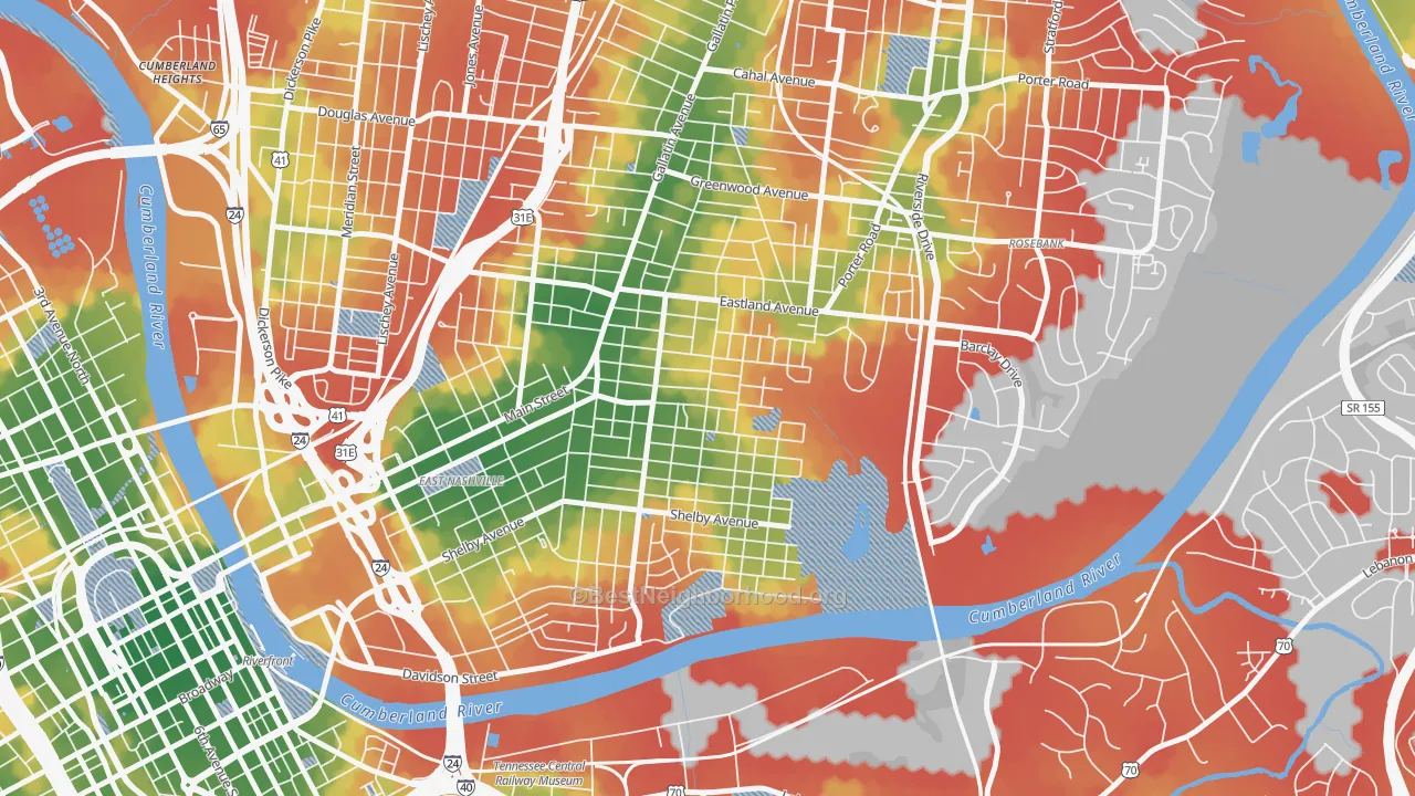 Walk Grade map of Lockeland Springs, Nashville, TN, walkable areas in green and car-dependent areas in red