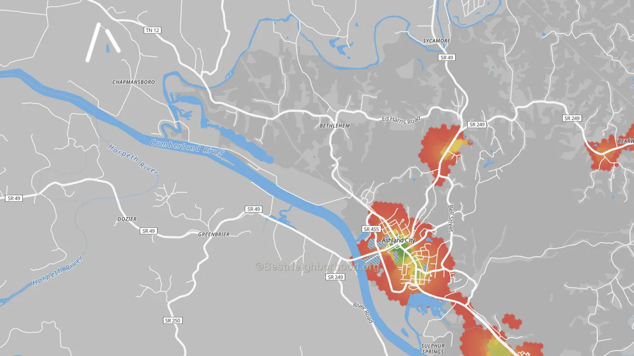 Walk Grade map of Lockertsville, TN, walkable areas in green and car-dependent areas in red