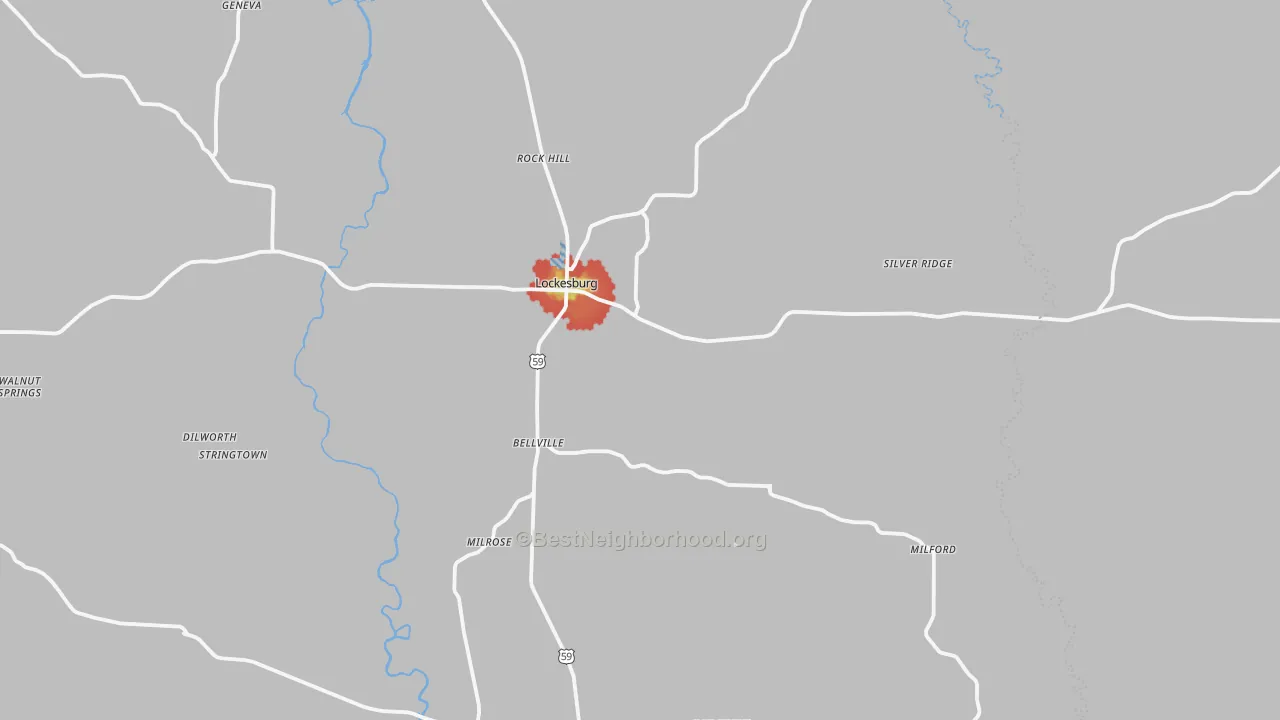 Walk Grade map of Lockesburg, AR, walkable areas in green and car-dependent areas in red