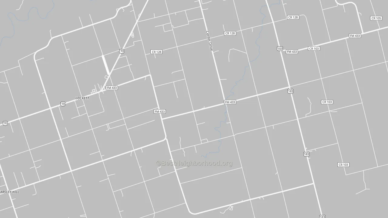 Walk Grade map of Lockett, TX, walkable areas in green and car-dependent areas in red