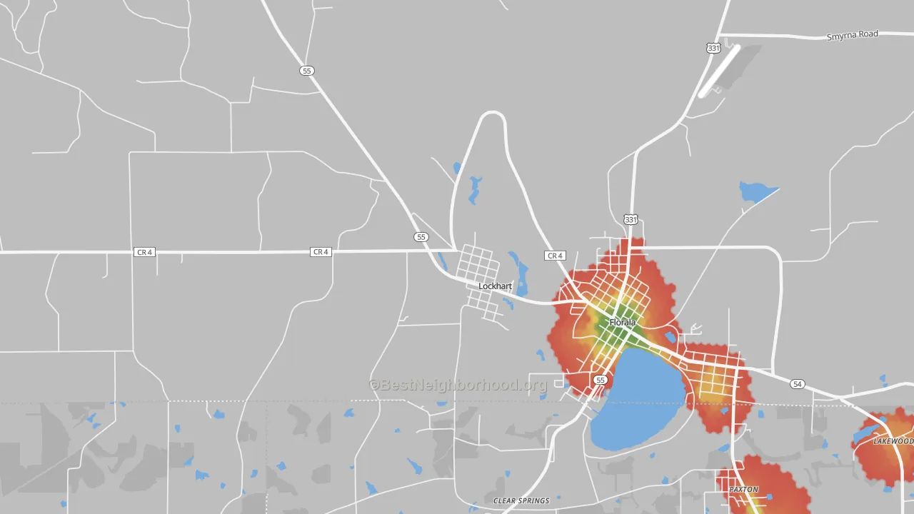 Walk Grade map of Lockhart, AL, walkable areas in green and car-dependent areas in red
