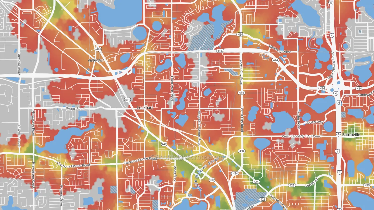 Walk Grade map of Lockhart, FL, walkable areas in green and car-dependent areas in red