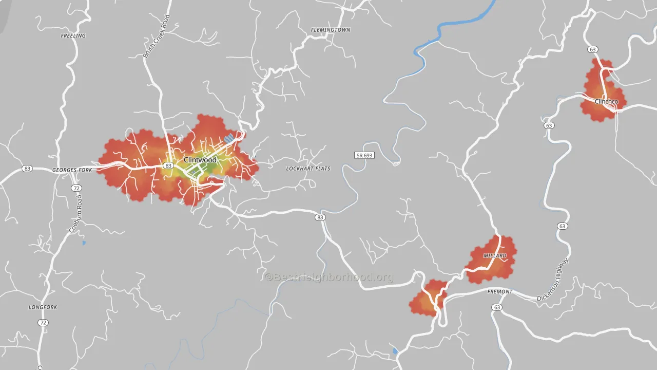 Walk Grade map of Lockhart Flats, VA, walkable areas in green and car-dependent areas in red