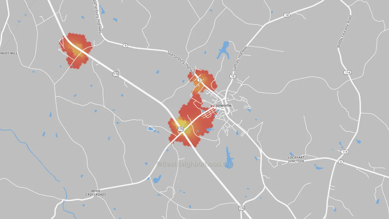 Walk Grade map of Lockhart Junction, SC, walkable areas in green and car-dependent areas in red