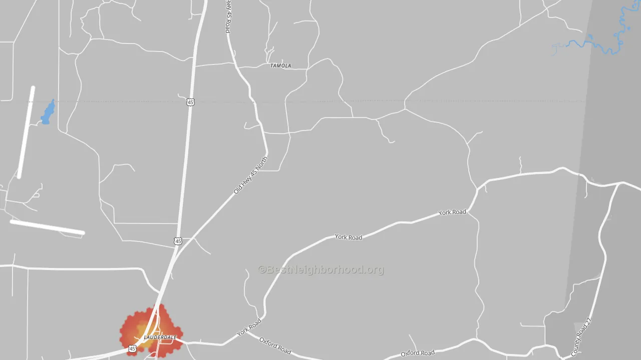 Walk Grade map of Lockhart, MS, walkable areas in green and car-dependent areas in red