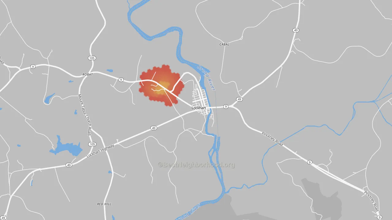 Walk Grade map of Lockhart, SC, walkable areas in green and car-dependent areas in red