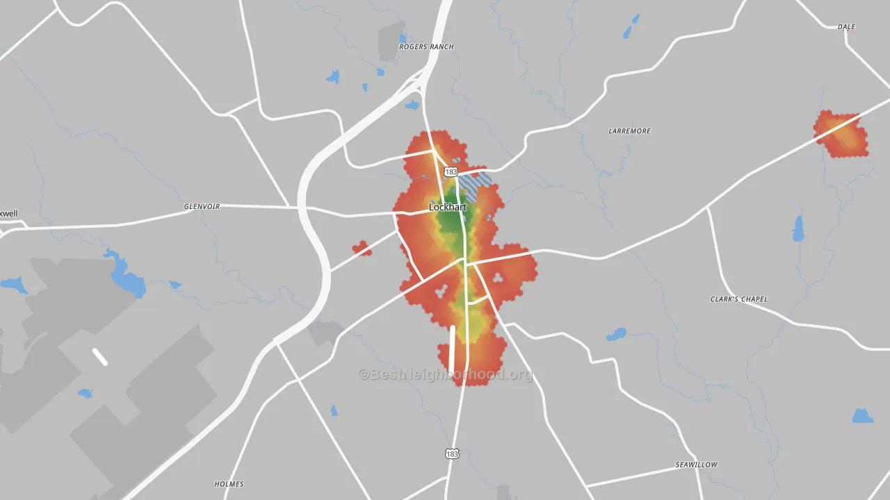 Walk Grade map of Lockhart, TX, walkable areas in green and car-dependent areas in red