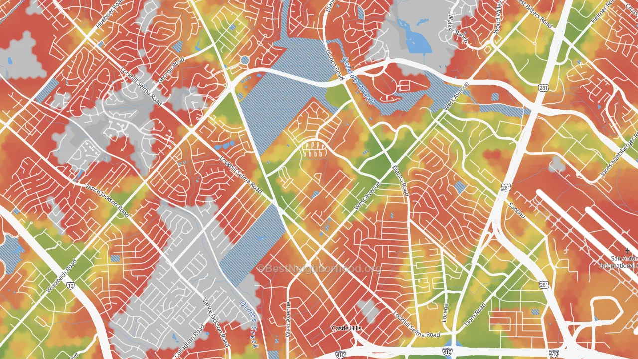 Walk Grade map of Lockhill Estates, San Antonio, TX, walkable areas in green and car-dependent areas in red