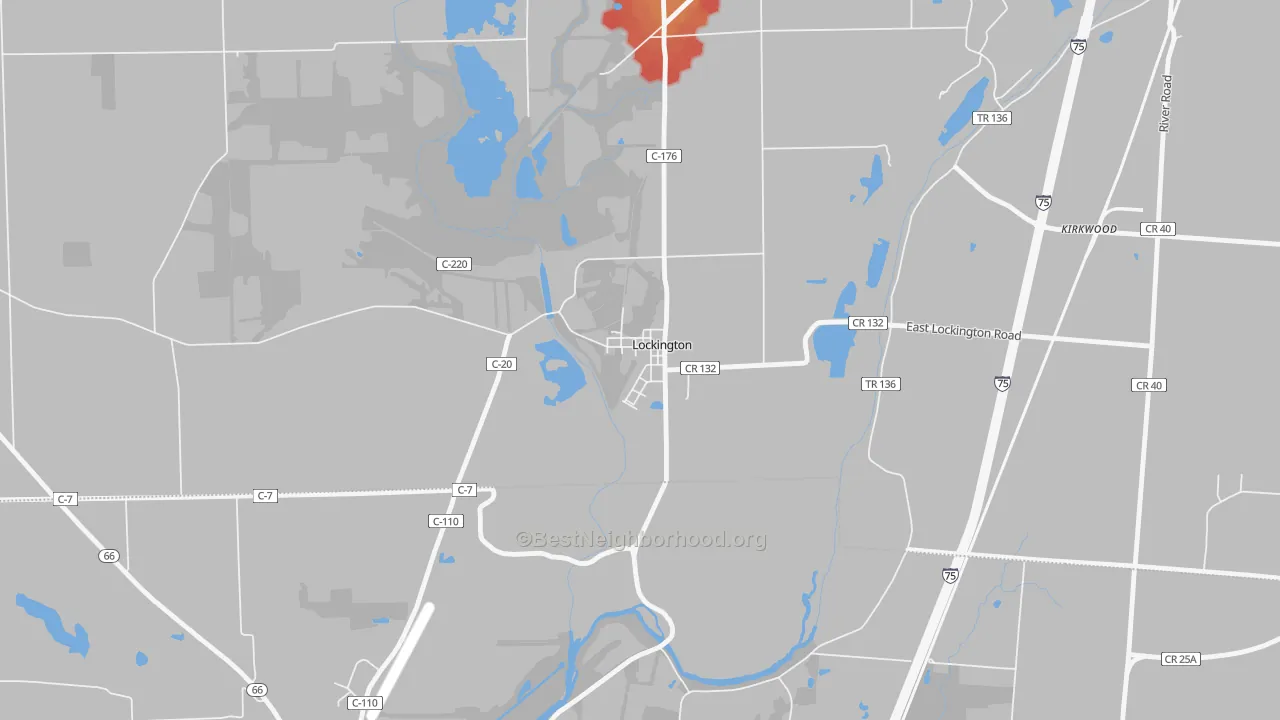 Walk Grade map of Lockington, OH, walkable areas in green and car-dependent areas in red