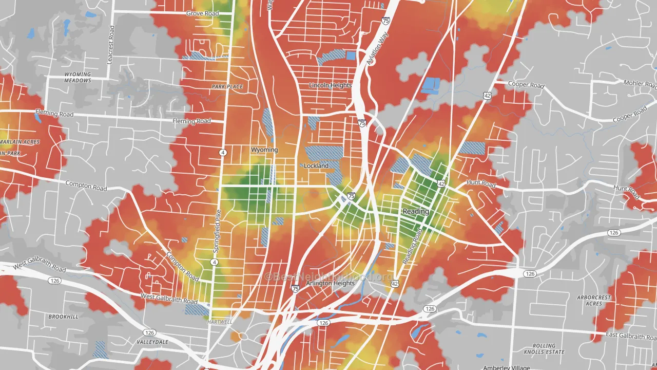 Walk Grade map of Lockland, OH, walkable areas in green and car-dependent areas in red