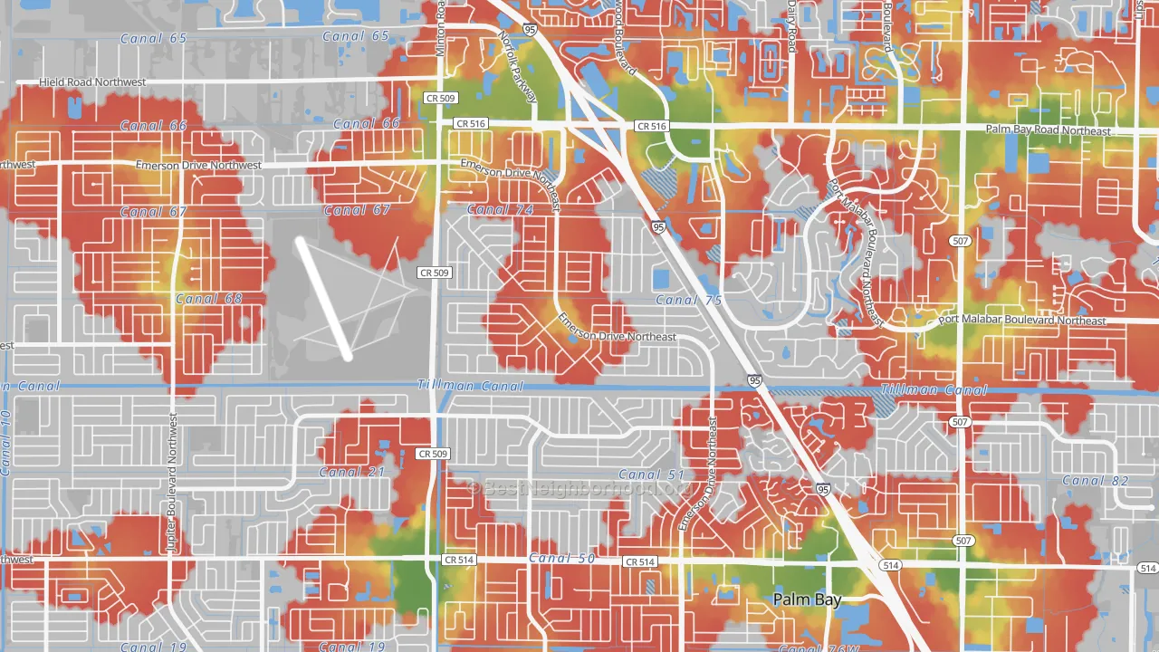Walk Grade map of Lockmar Estates, Palm Bay, FL, walkable areas in green and car-dependent areas in red
