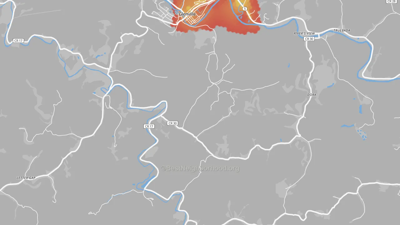 Walk Grade map of Lockney, WV, walkable areas in green and car-dependent areas in red
