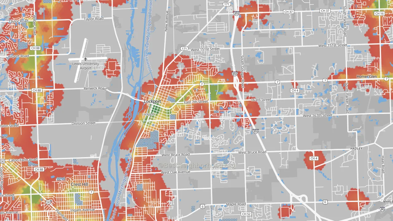 Walk Grade map of Lockport, IL, walkable areas in green and car-dependent areas in red