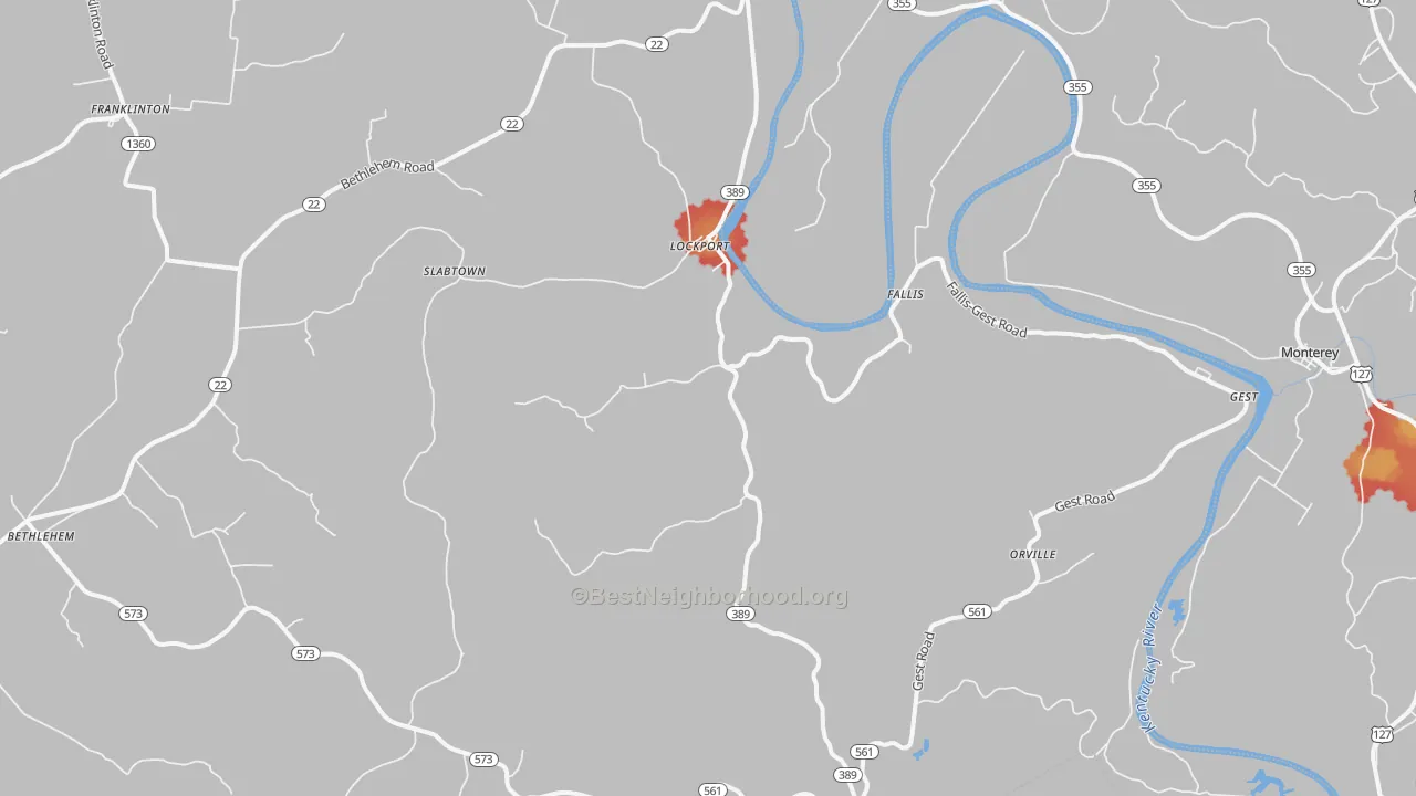 Walk Grade map of Lockport, KY, walkable areas in green and car-dependent areas in red