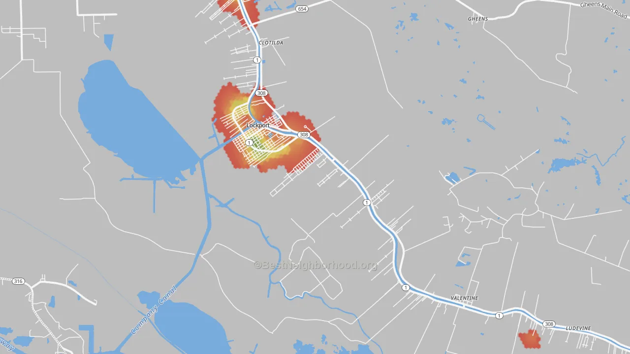 Walk Grade map of Lockport, LA, walkable areas in green and car-dependent areas in red