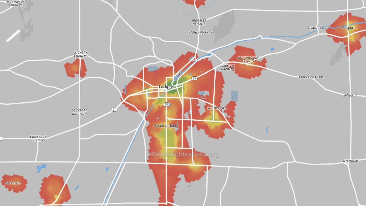 Walk Grade map of Lockport, NY, walkable areas in green and car-dependent areas in red
