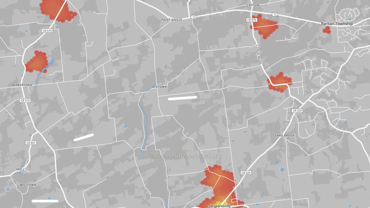 Walk Grade map of Locktown, NJ, walkable areas in green and car-dependent areas in red