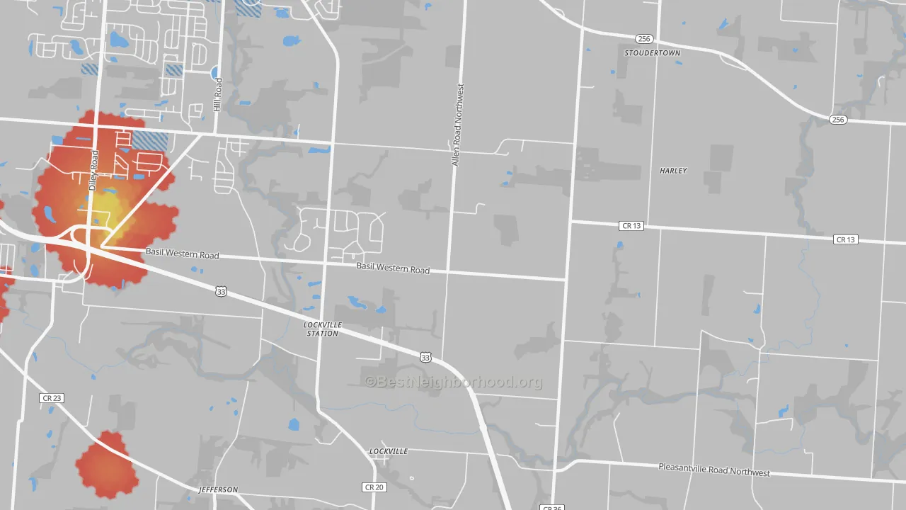 Walk Grade map of Lockville, OH, walkable areas in green and car-dependent areas in red