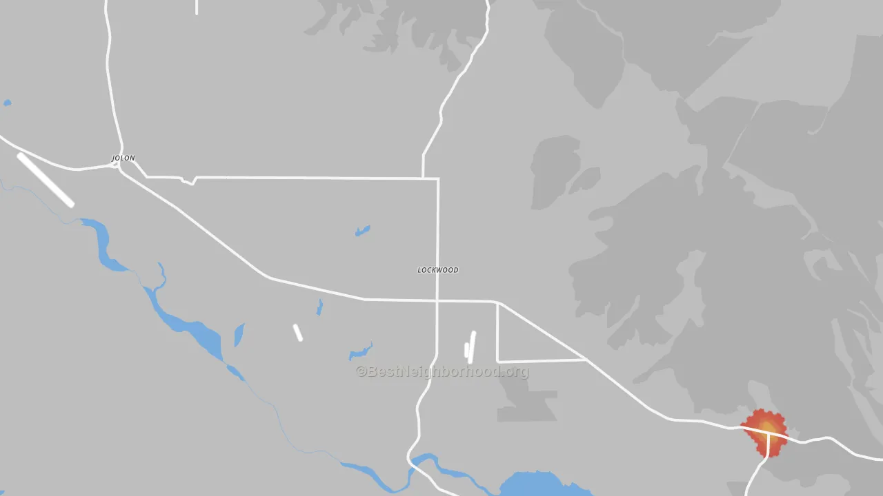 Walk Grade map of Lockwood, CA, walkable areas in green and car-dependent areas in red