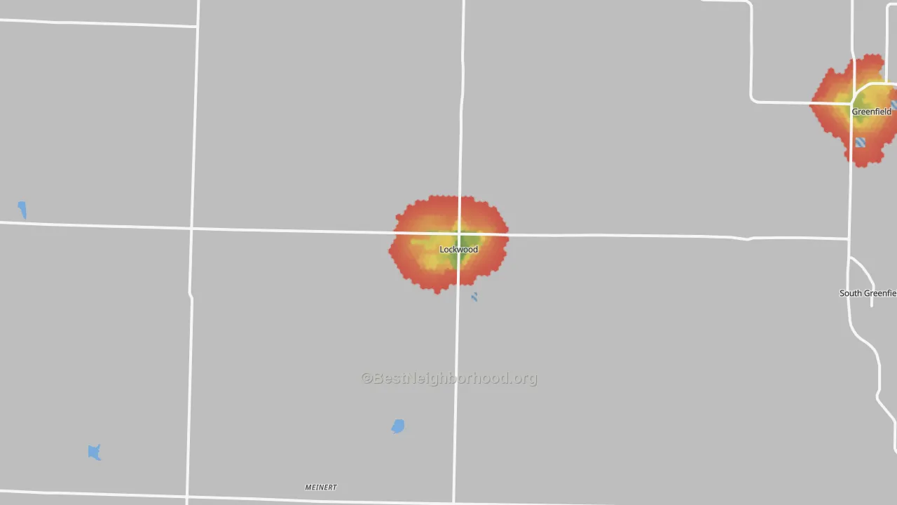 Walk Grade map of Lockwood, MO, walkable areas in green and car-dependent areas in red