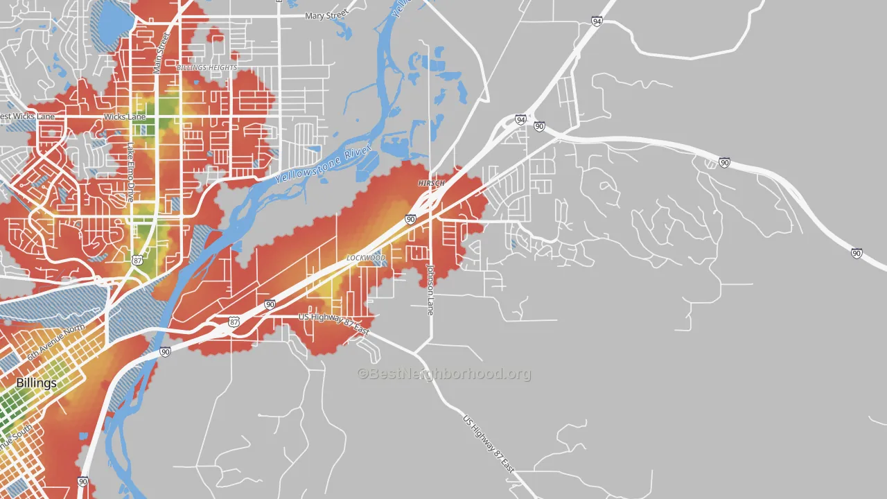 Walk Grade map of Lockwood, MT, walkable areas in green and car-dependent areas in red