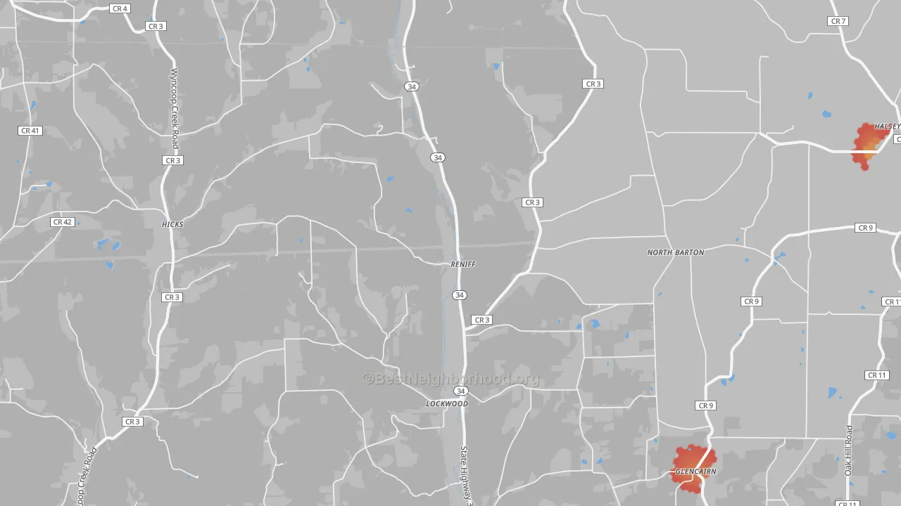 Walk Grade map of Lockwood, NY, walkable areas in green and car-dependent areas in red