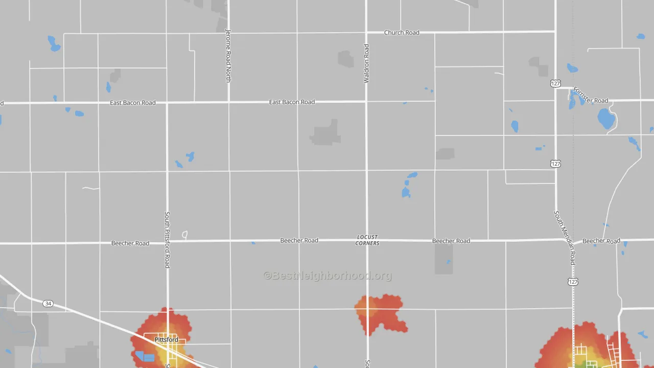 Walk Grade map of Locust Corners, MI, walkable areas in green and car-dependent areas in red
