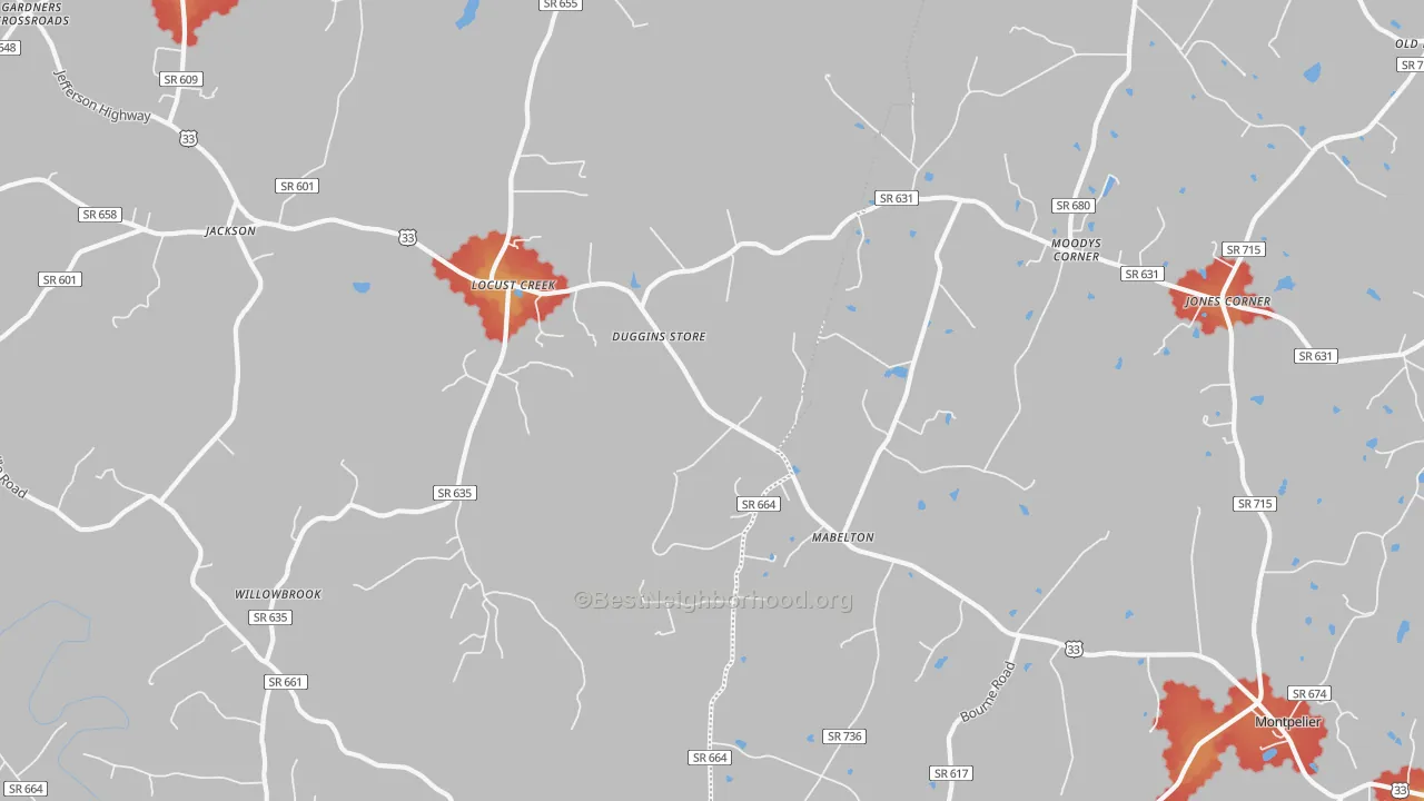 Walk Grade map of Locust Creek, VA, walkable areas in green and car-dependent areas in red