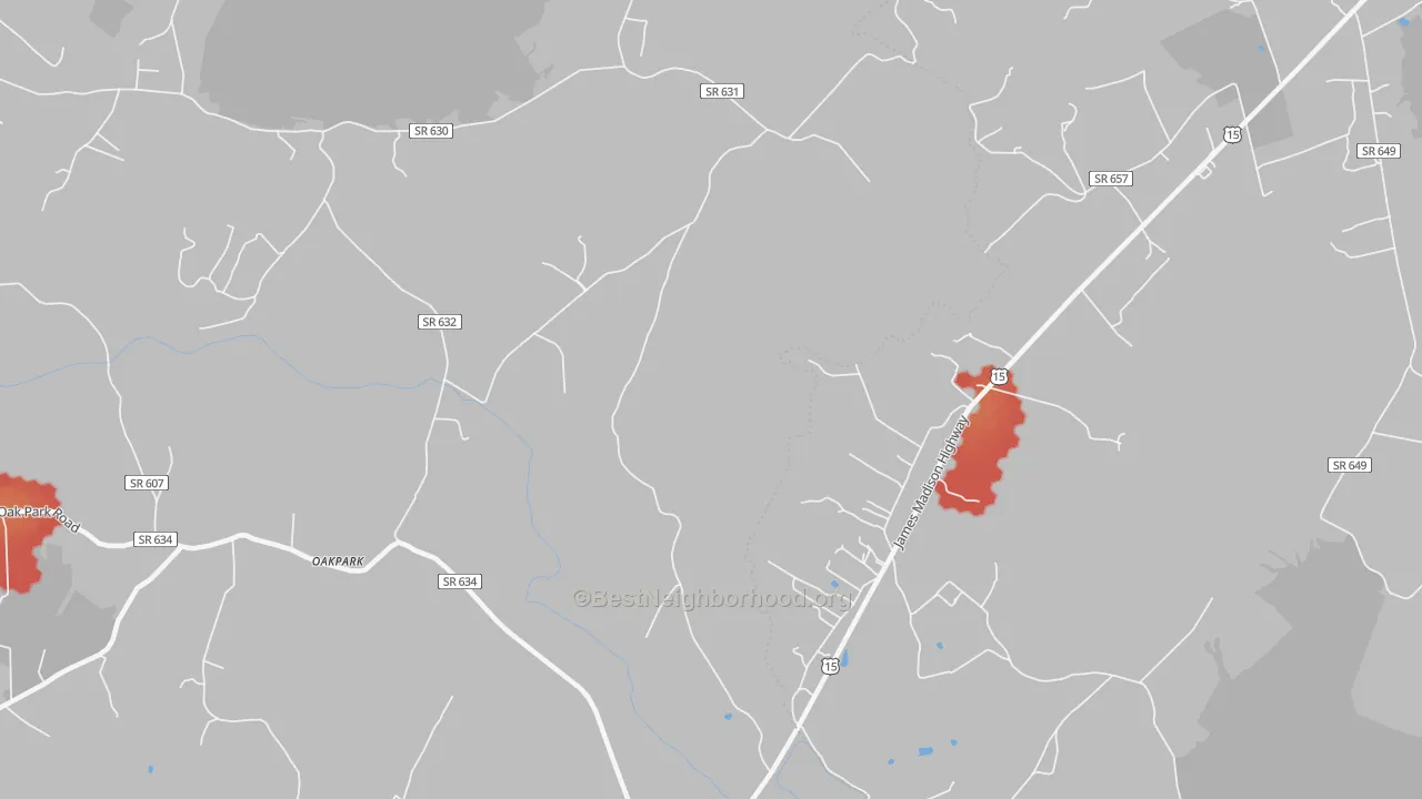 Walk Grade map of Locust Dale, VA, walkable areas in green and car-dependent areas in red
