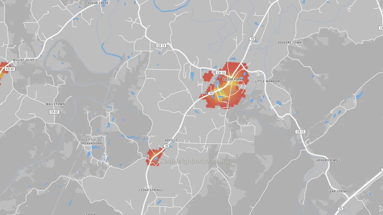 Walk Grade map of Locust Fork, AL, walkable areas in green and car-dependent areas in red