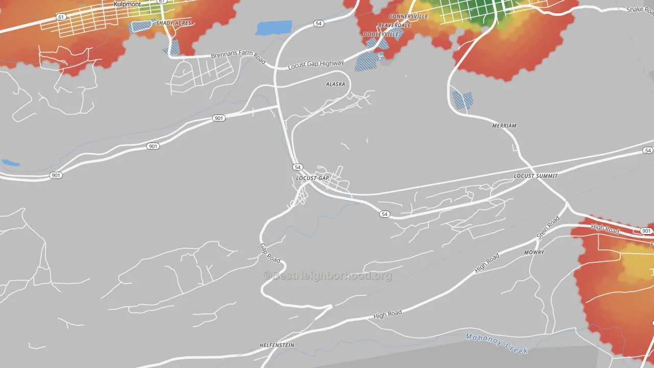 Walk Grade map of Locust Gap, PA, walkable areas in green and car-dependent areas in red