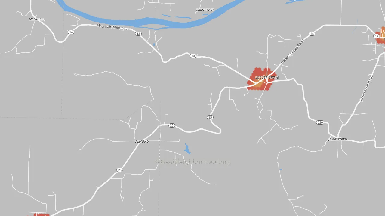 Walk Grade map of Locust Grove, AR, walkable areas in green and car-dependent areas in red