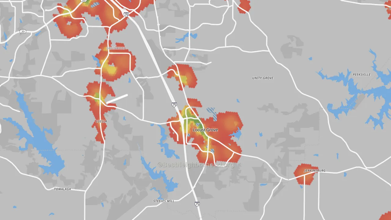 Walk Grade map of Locust Grove, GA, walkable areas in green and car-dependent areas in red