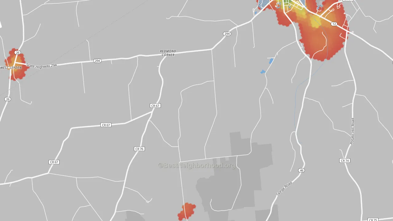 Walk Grade map of Locust Grove, NY, walkable areas in green and car-dependent areas in red
