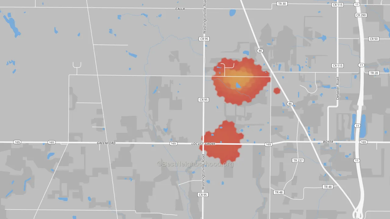 Walk Grade map of Locust Grove, OH, walkable areas in green and car-dependent areas in red