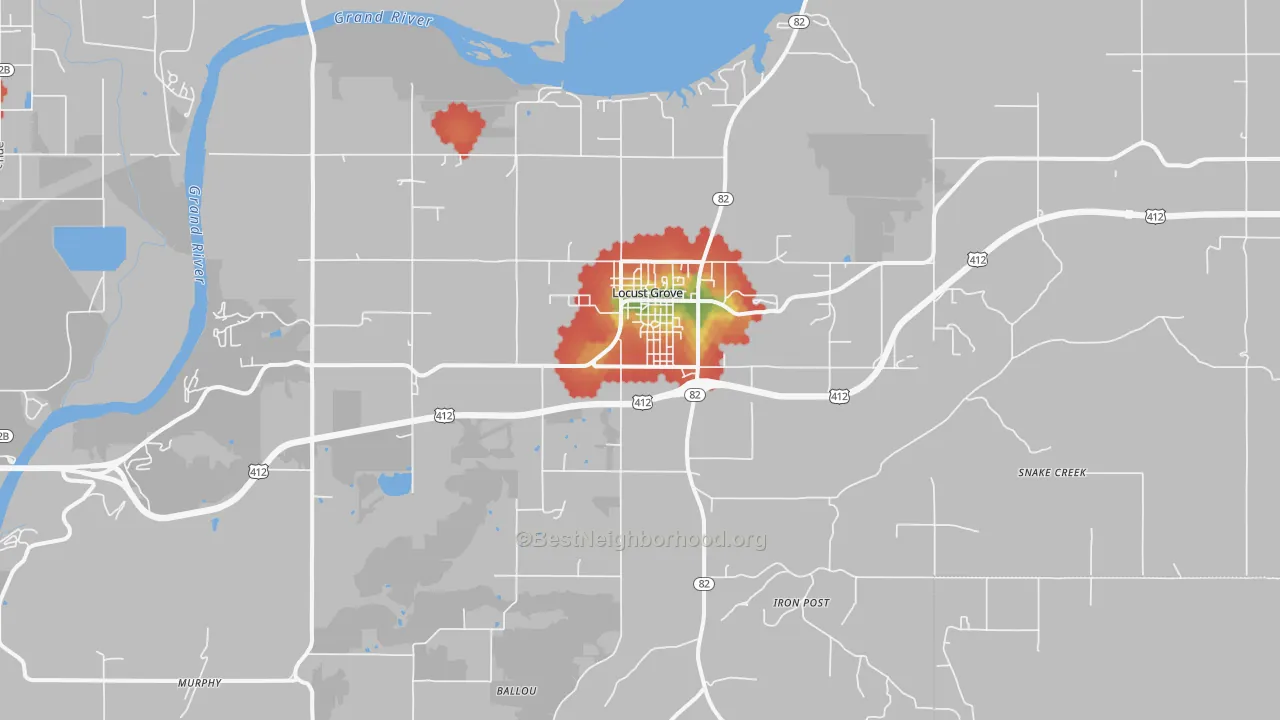 Walk Grade map of Locust Grove, OK, walkable areas in green and car-dependent areas in red