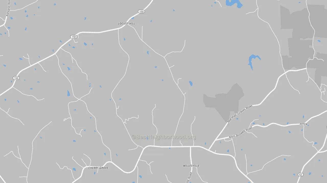 Walk Grade map of Locust Hill, NC, walkable areas in green and car-dependent areas in red