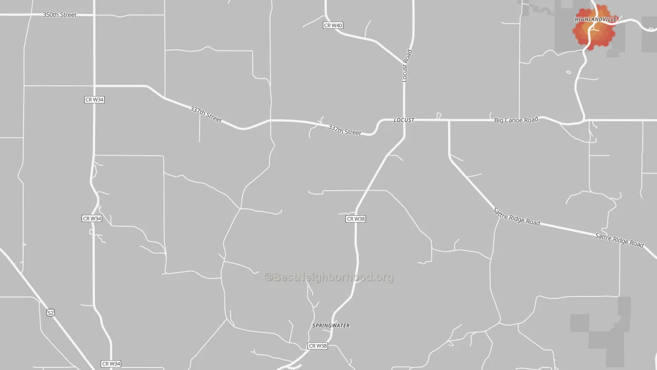 Walk Grade map of Locust, IA, walkable areas in green and car-dependent areas in red