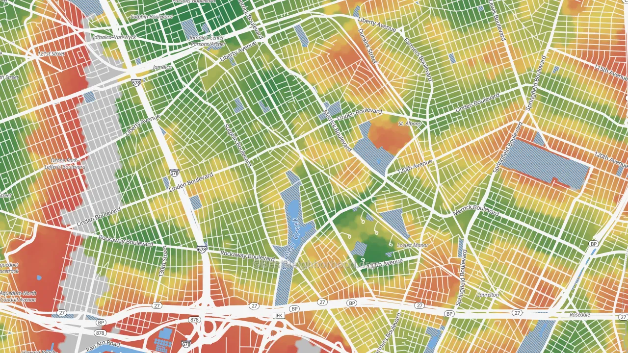 Walk Grade map of Locust Manor, Queens, NY, walkable areas in green and car-dependent areas in red