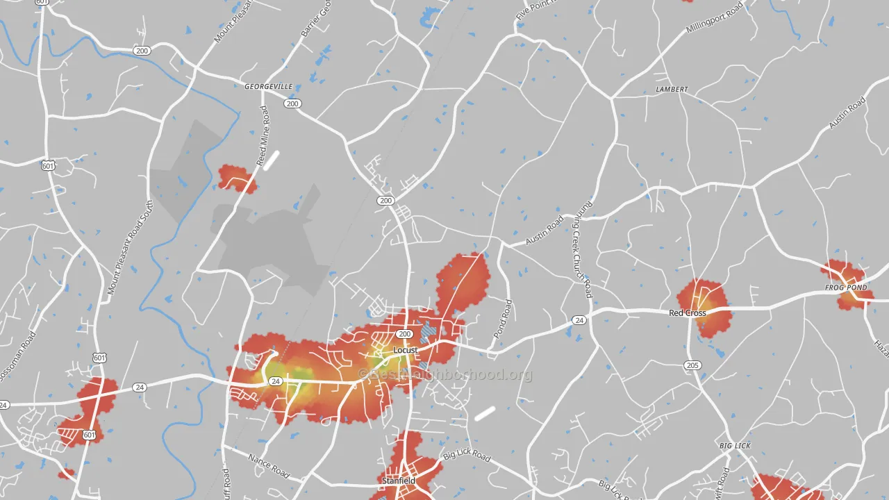 Walk Grade map of Locust, NC, walkable areas in green and car-dependent areas in red