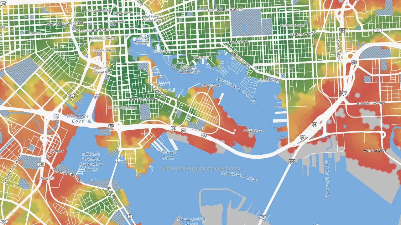 Walk Grade map of Locust Point, Baltimore, MD, walkable areas in green and car-dependent areas in red