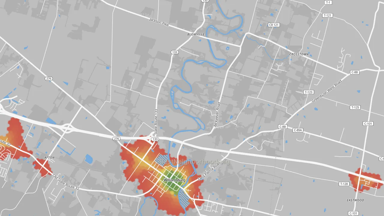 Walk Grade map of Locust Ridge, OH, walkable areas in green and car-dependent areas in red