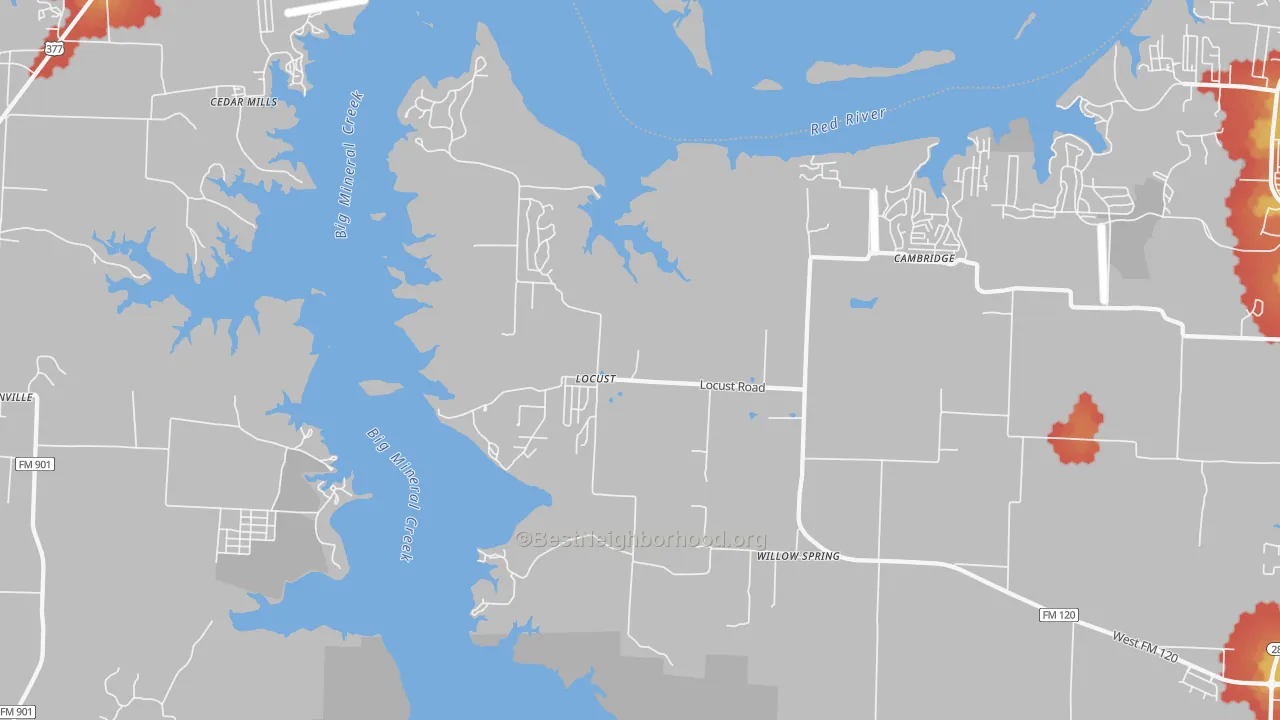 Walk Grade map of Locust, TX, walkable areas in green and car-dependent areas in red