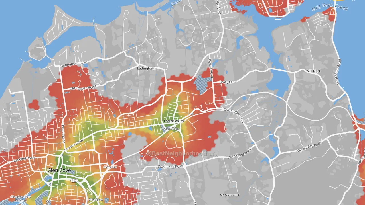 Walk Grade map of Locust Valley, NY, walkable areas in green and car-dependent areas in red