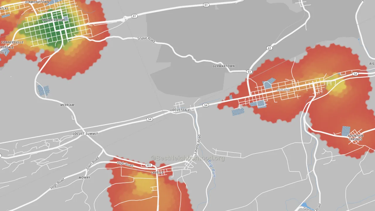 Walk Grade map of Locustdale, PA, walkable areas in green and car-dependent areas in red